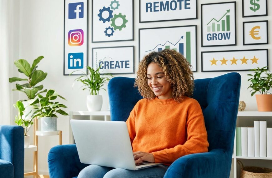 Женщина работает на ноутбуке дома, на стене мотивационные постеры, окружена растениями.
