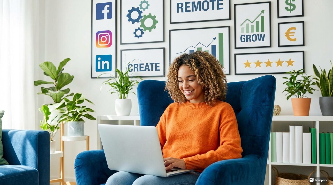 Женщина работает на ноутбуке дома, на стене мотивационные постеры, окружена растениями.