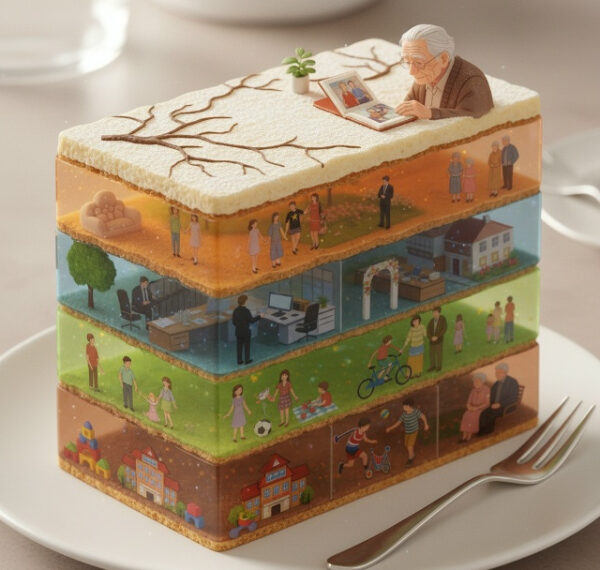 Торт в виде книги жизни, иллюстрирующий разные этапы и события жизни человека.