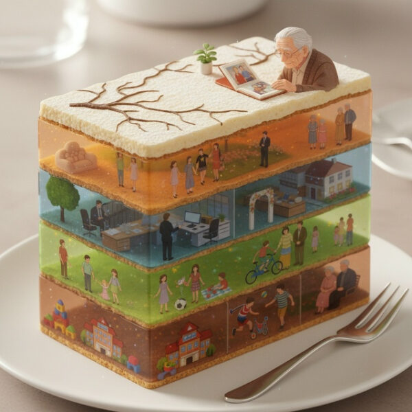 Торт в виде книги жизни, иллюстрирующий разные этапы и события жизни человека.