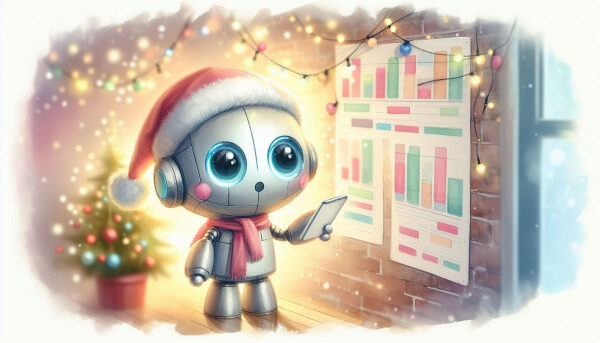 Робот в красной шапке изучает графики на планшете, рядом украшенная новогодняя ёлка.