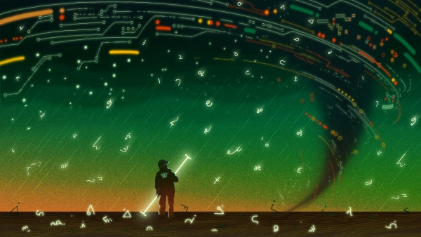 Человек стоит перед цифровым вихрем, символизирующим технологические данные и будущее.