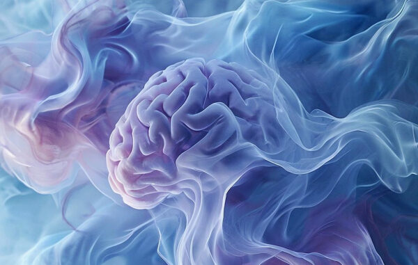 Учёные обнаружили мозговые волны, определяющие границы своего тела 7 Изображение мозга в дыму синих и фиолетовых оттенков, иллюстрация нервной системы.