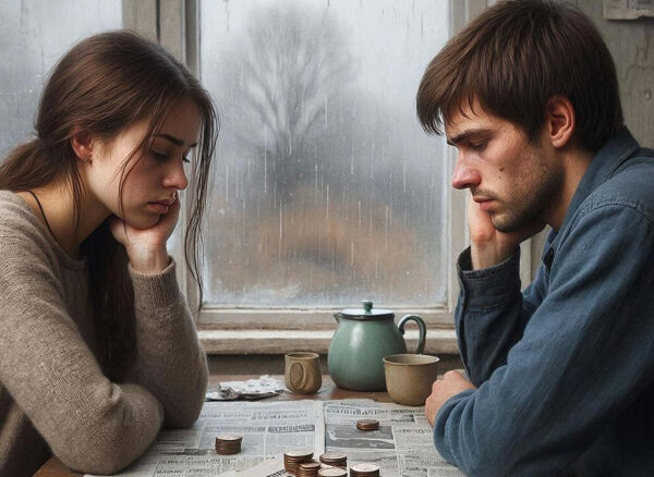 Пара размышляет о финансах, сидя за столом с монетами и газетами.