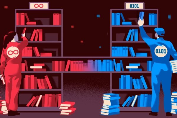 Иллюстрация с человеком в красном и синим у книжных полок, символизирующих бесконечность и двоичный код.
