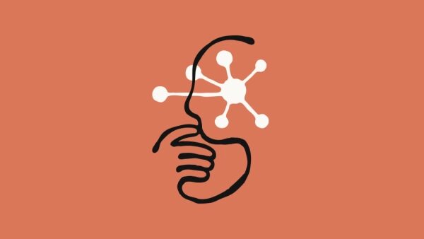 Абстрактный человек с сетью связи на фоне терракотового цвета.