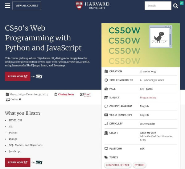 Страница курса CS50 по веб-программированию с Python и JavaScript Гарвардского университета.