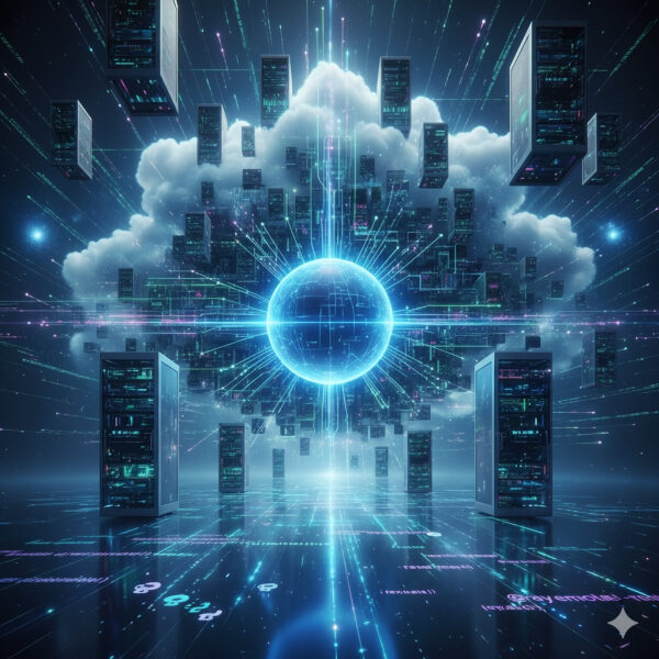 Облачные вычисления, серверы вокруг глобуса в цифровом космосе.