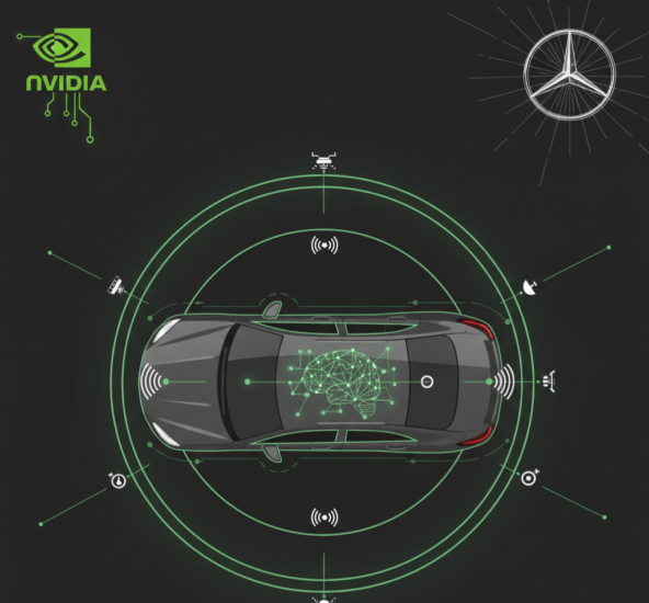 Автономное авто с технологиями NVIDIA и графикой Mercedes-Benz, вид сверху.