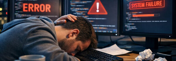 Программист перед компьютером с ошибкой и системным сбоем на экране.
