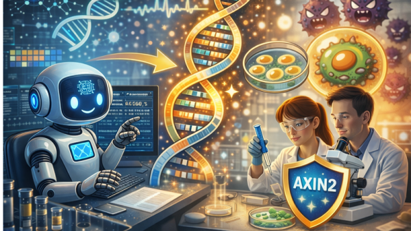 Робот и ученые исследуют ДНК, клетки и вирусы в лаборатории. Панель и щит AXIN2.