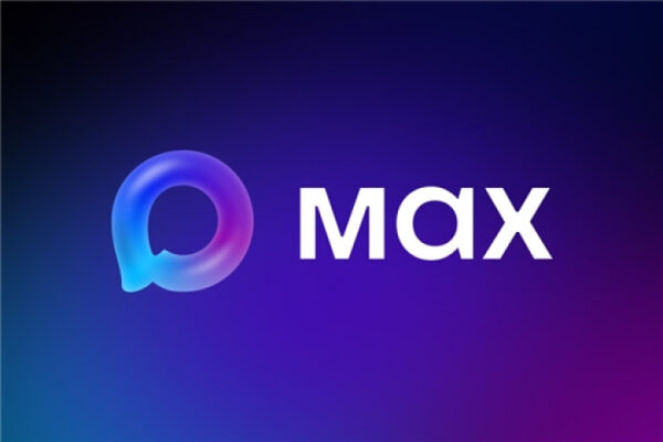 Логотип Max на тёмно-синем фоне с градиентом.