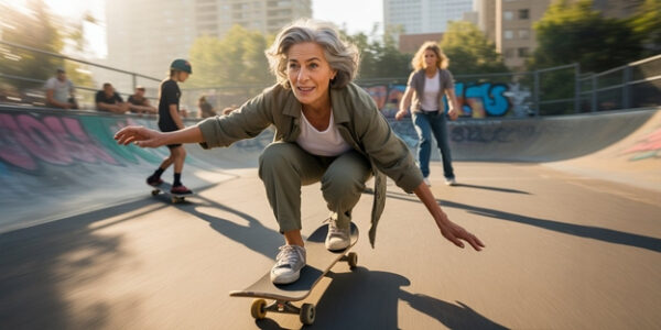 Женщина на скейтборде в городской скейт-парке, окружающая молодежь, граффити на стенах.