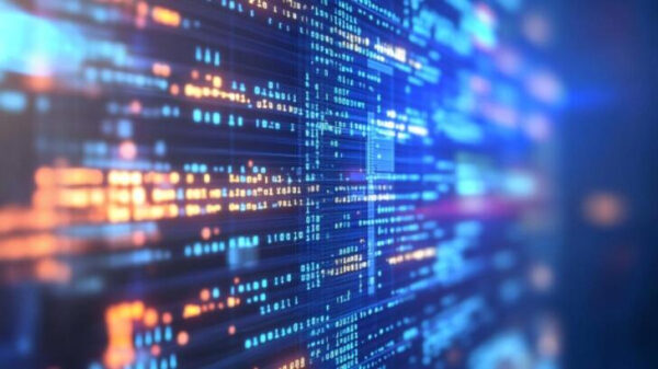 Цифровой код на ярком экране, абстракция данных и технологий, футуристический дизайн.