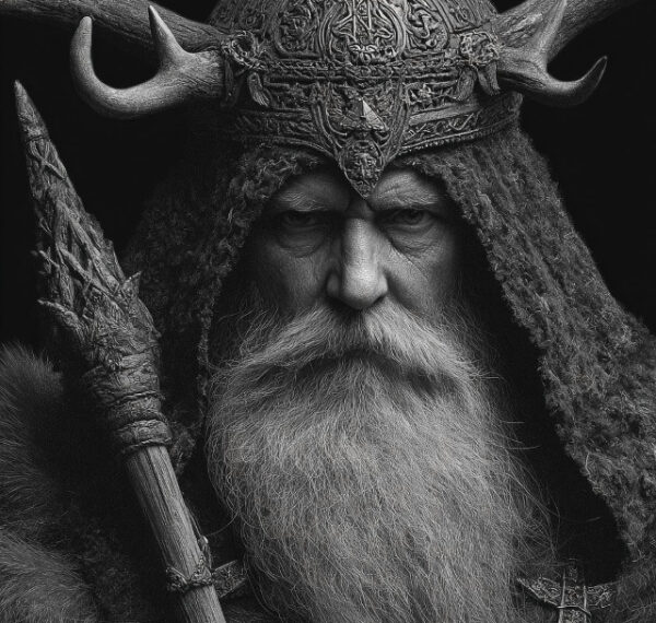 Викинг в рогатом шлеме и меховой одежде, стилизованные украшения.