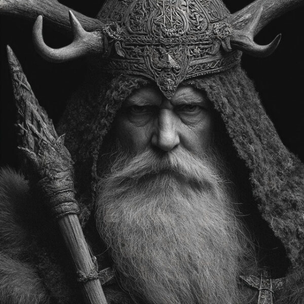 Викинг в рогатом шлеме и меховой одежде, стилизованные украшения.