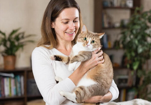 Женщина держит в руках большую кошку в домашней обстановке, улыбается.