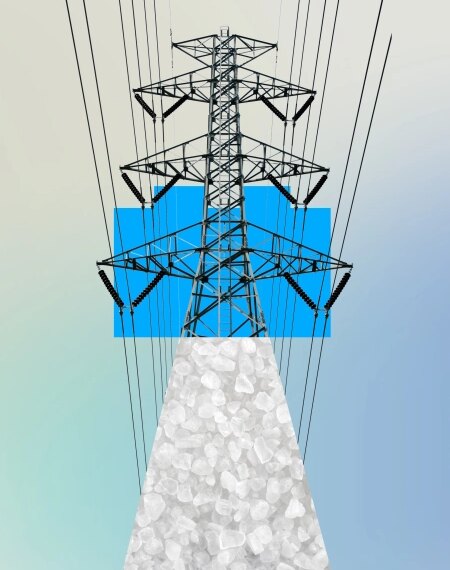 Электрический столб с проводами на фоне голубого неба и абстрактных форм.