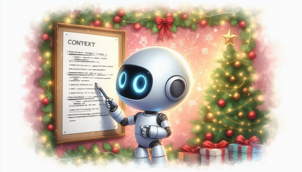 Робот у доски с текстом в новогоднем оформлении, рядом рождественская елка.