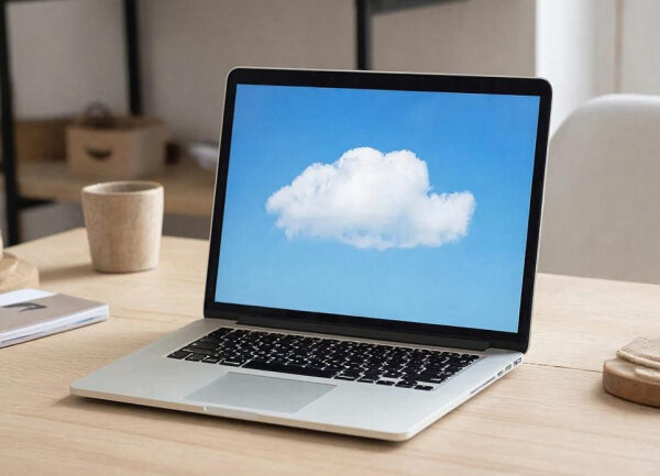 Ноутбук на столе с изображением облака на экране, концепция облачных технологий.