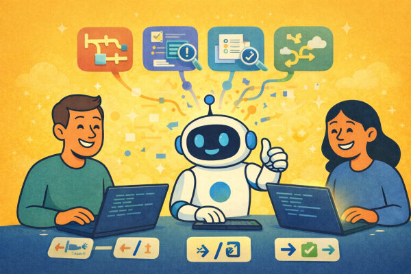 Робот и люди за ноутбуками обсуждают проекты, визуализируя идеи.