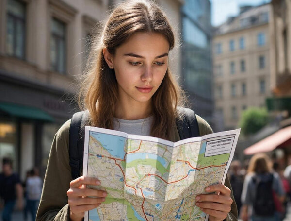 Турист с картой на городской улице.