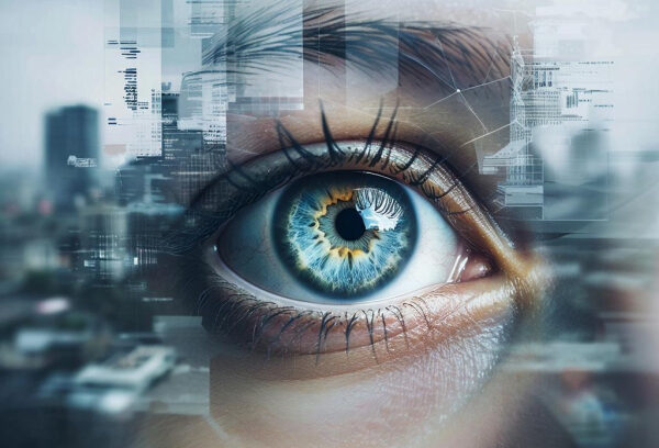 Голубой глаз крупным планом, современный цифровой дизайн, город в фоне.
