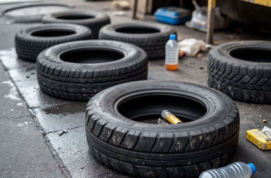 Автосервис: старые шины, инструменты и бутылки на мокром асфальте.