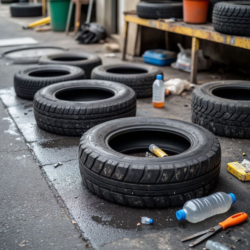 Автосервис: старые шины, инструменты и бутылки на мокром асфальте.