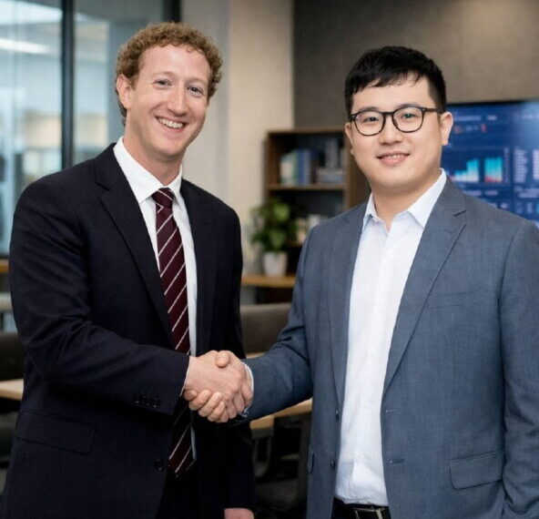 Двое мужчин в деловых костюмах обмениваются рукопожатием в офисной обстановке.