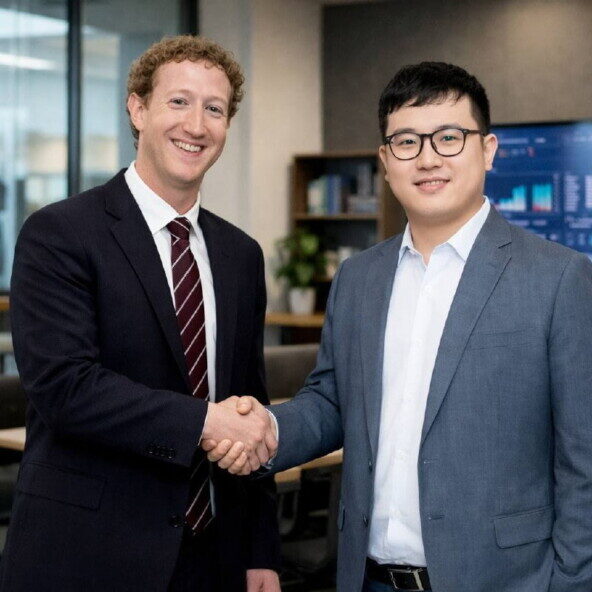 Неожиданный поворот: Meta* купила Manus 3 Двое мужчин в деловых костюмах обмениваются рукопожатием в офисной обстановке.