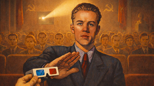Мужчина в кинотеатре отказывается от 3D-очков на фоне советской символики.