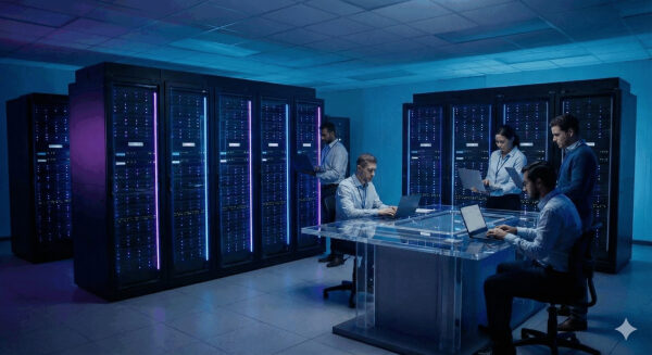 Распределенные вычисления на облачных кластерах с помощью Python и Ray: Часть 2 3 Люди работают в серверной комнате с компьютерами и серверными стойками.