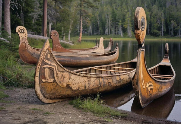 Деревянные каноэ с резными узорами на берегу лесного озера.
