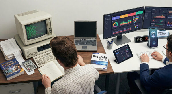 Сравнение офисов: ретро и современность, компьютеры, мониторы и аналитика данных.