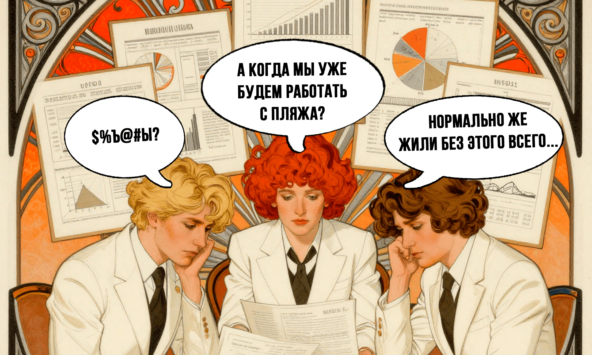 Сотрудники обсуждают графики и документы на фоне, выражая недовольство.