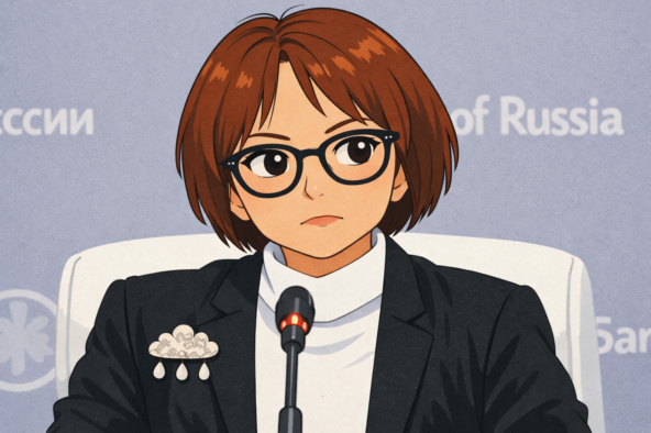 Аниме персонаж на пресс-конференции в очках и костюме за микрофоном.