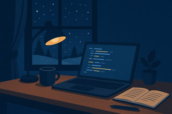 Рабочее место программиста: ноутбук, книга и чашка на столе ночью у окна с видом на снег.