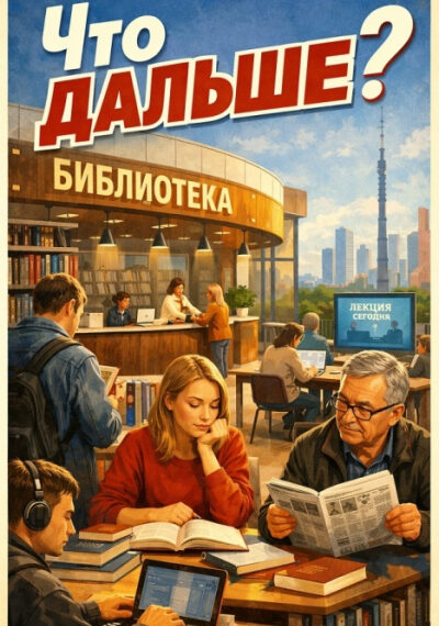 Библиотека с посетителями, книгами и плакатом "Что дальше?" на фоне городского пейзажа.