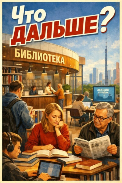 Библиотека с посетителями, книгами и плакатом "Что дальше?" на фоне городского пейзажа.