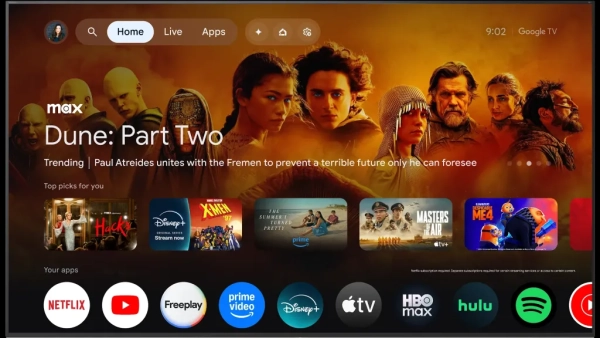 Интерфейс Google TV с анонсом "Dune: Part Two" и иконками популярных приложений.