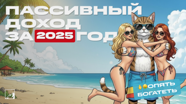 Пляжный кот в шортах и очках с девушками, рекламирующий пассивный доход 2025 года.