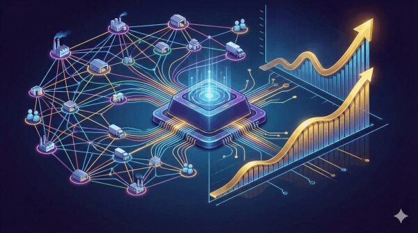 Цифровая сеть с графиком роста, центральный процессор, соединения, производство.