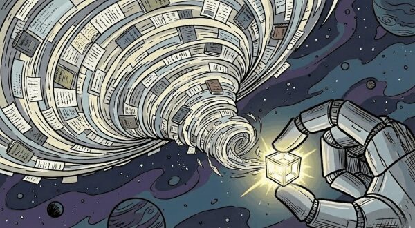Робот держит светящийся куб, на фоне вихрь из страниц в космосе.