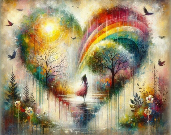 Фантазийный пейзаж с радугой, девушкой и птицами в форме сердца.