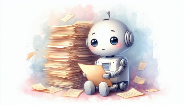 Робот читает бумаги у высокой стопки документов, акварельный стиль.