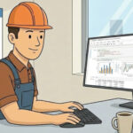 Рабочий в каске анализирует статистические данные на компьютере, графики и формулы на экране.