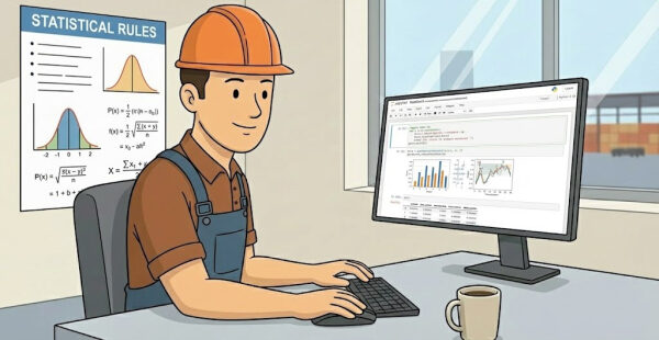 Рабочий в каске анализирует статистические данные на компьютере, графики и формулы на экране.