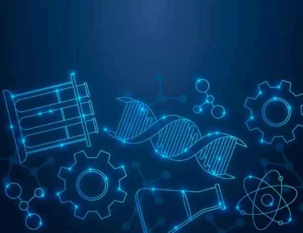 Научные символы на синем фоне: ДНК, молекулы, атомы, шестерни, пробирка.