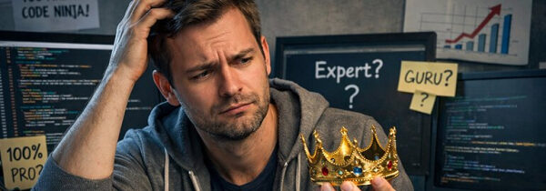 Программист держит корону, окружённый компьютерами и мотивационными заметками.